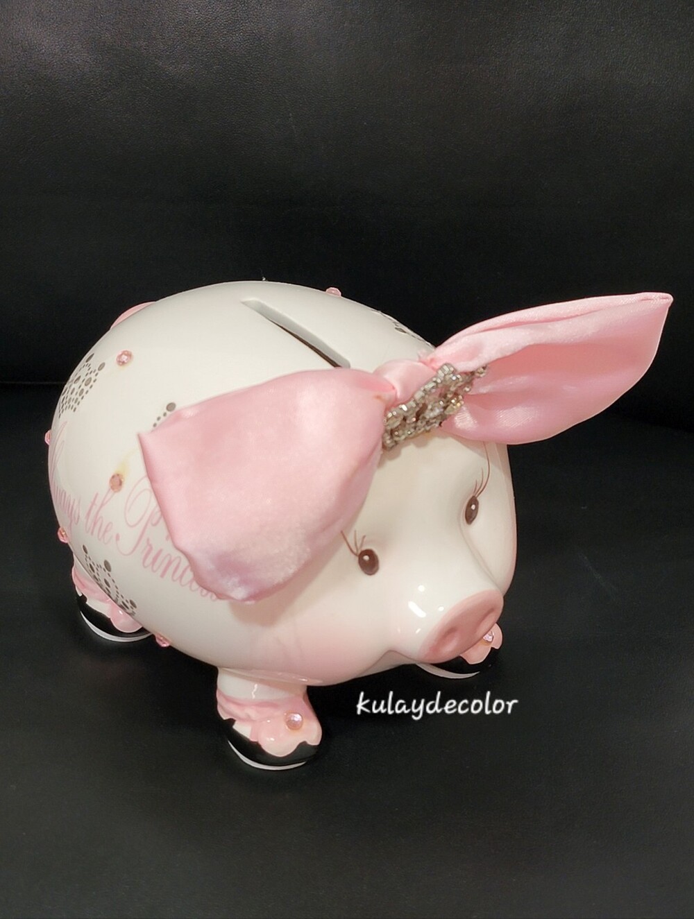 Mud Pie Always a Princess Ceramic Piggy Bank Pink Satin Bow Rhinestones Nursery